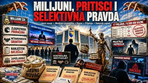Kolaž s tekstom o milijunima i pravdi, prikazom novca i suda