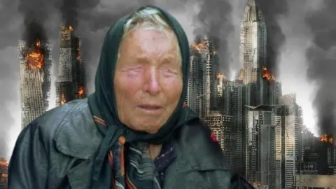 Starija žena s maramom ispred vizije porušenih i zapaljenih nebodera.