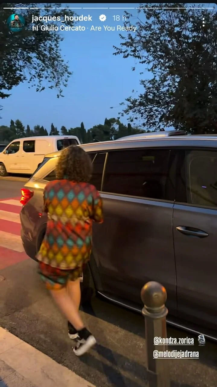 Dječak u šarenoj košulji pored sivog automobila