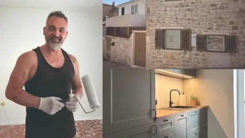 Kolaž s muškarcem koji boja i renoviranom kamenom kućom