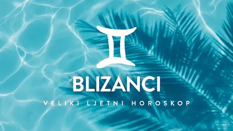 Simbol znaka Blizanci na plavoj pozadini s vodom i lišćem palme