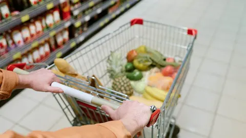 Metalna košarica za kupovinu puna svježeg voća i povrća u trgovini
