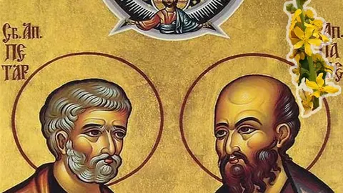 pravoslavna ikona svetih apostola Petra i Pavla s žutim cvjetovima lila