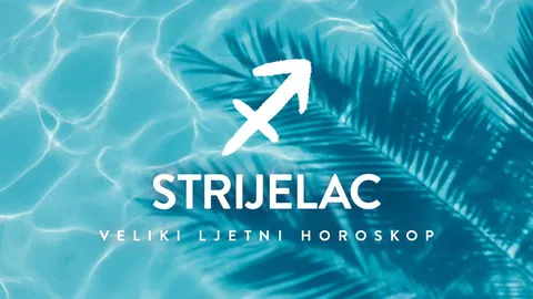 Simbol znaka Strijelac na plavoj pozadini s vodom i lišćem palme