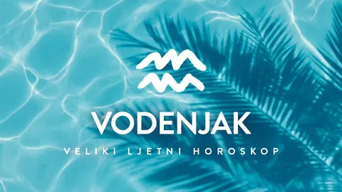 Plavi vodeni motivi s lišćem palme i simbolom znaka Vodenjak