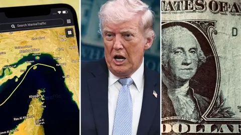 Kolaž s kartom Hormuzovog tjesnaca, Donaldom Trumpom i američkim dolarom