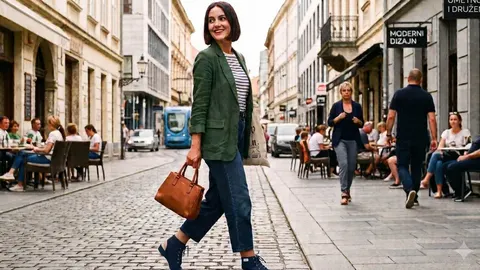 Žena u zelenom saku i plavim anatomskim cipelama hoda ulicom