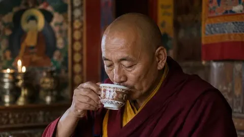 Tibetanski monah u crvenom odoreu pije napitak iz ukrašene šalice