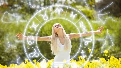 Plavokosa žena s raširenim rukama u polju žutog cvijeća s astrološkim krugom