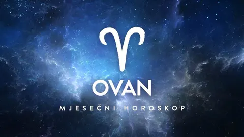 Bijeli simbol Ovna i tekst Mjesečni horoskop na plavoj pozadini svemira