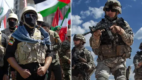 Kolaž s iranskim vojnikom u maski i američkim vojnikom s puškom