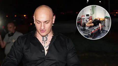 Portret ćelavog muškarca u crnoj košulji i krug s muškarcem na bolničkom krevetu