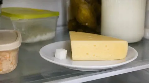 Komad žutog sira i kocka šećera na bijelom tanjuru u hladnjaku