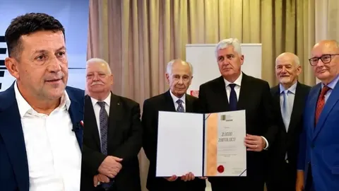Kolaž s portretom Zdenka Lučića i fotografijom Dragana Čovića s priznanjem