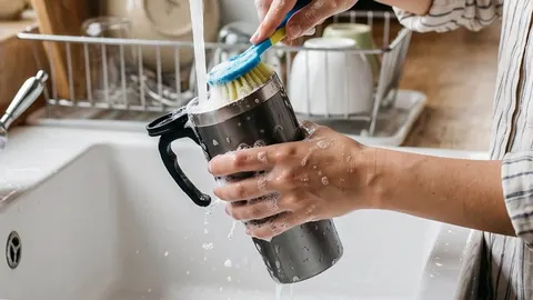 Ruke koje peru metalnu termosicu četkom pod mlazom vode u sudoperu