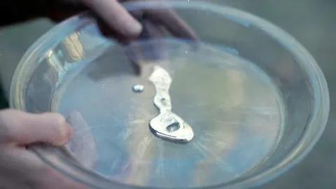 Ruke drže staklenu posudu s tekućom živom