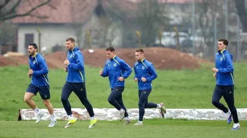 Edin Džeko i reprezentativci BiH na trkačkom treningu u plavim dresovima na livadi.