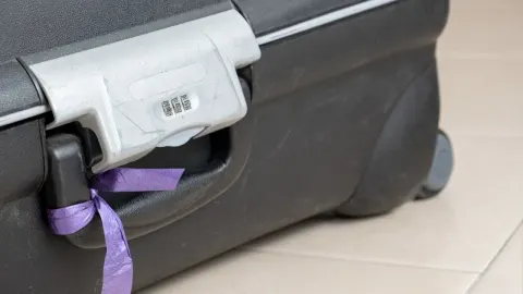 Crni putni kofer s ljubičastom vrpcom zavezanom oko ručke za lakše prepoznavanje.