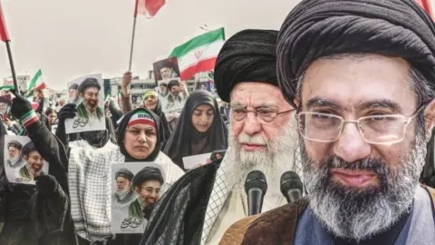 Iranski vjerski vođe ispred prosvjednika koji drže njihove portrete i zastave.