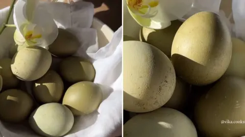 Uskrsna jaja maslinaste boje u bijeloj košarici s cvijetom orhideje