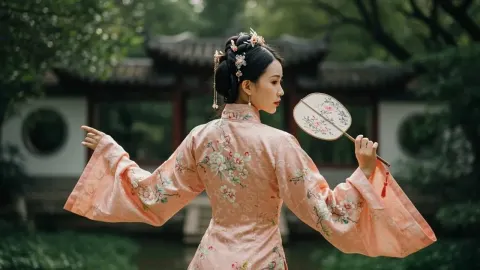 Žena u tradicionalnoj ružičastoj kineskoj haljini s lepezom u vrtu