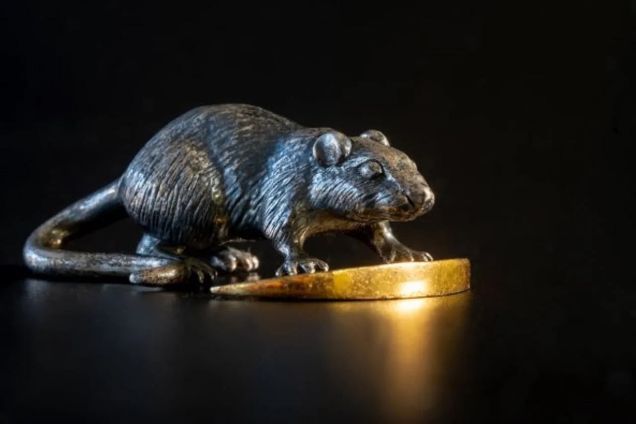 Srebrna figura štakora pored zlatnog novčića na tamnoj pozadini