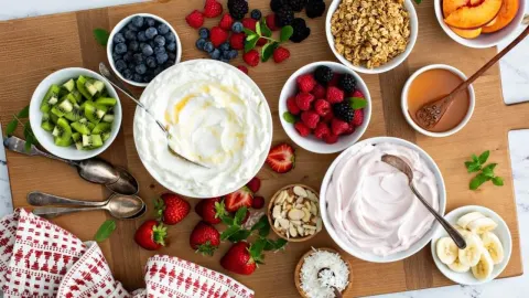 Razno svježe voće, bobičasto voće i jogurt posluženi na drvenoj podlozi.