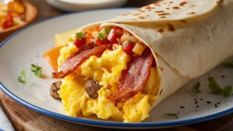 Tortilja punjena kajganom i prženom slaninom na tanjuru