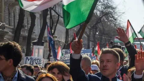 Peter Magyar drži zastavu tijekom prosvjeda u Budimpešti uz okupljene građane.