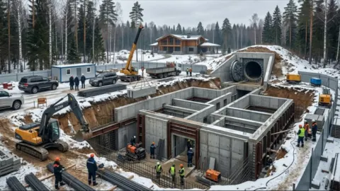 Gradilište podzemnog betonskog bunkera u snježnom šumovitom predjelu s radnicima