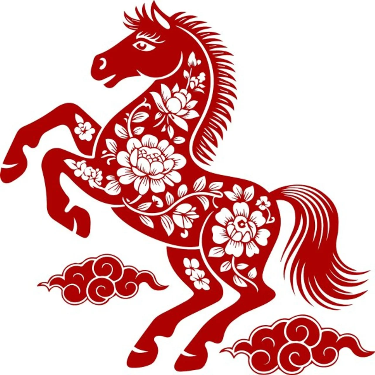 Crvena grafika konja u propnju s kineskim tradicionalnim oblacima