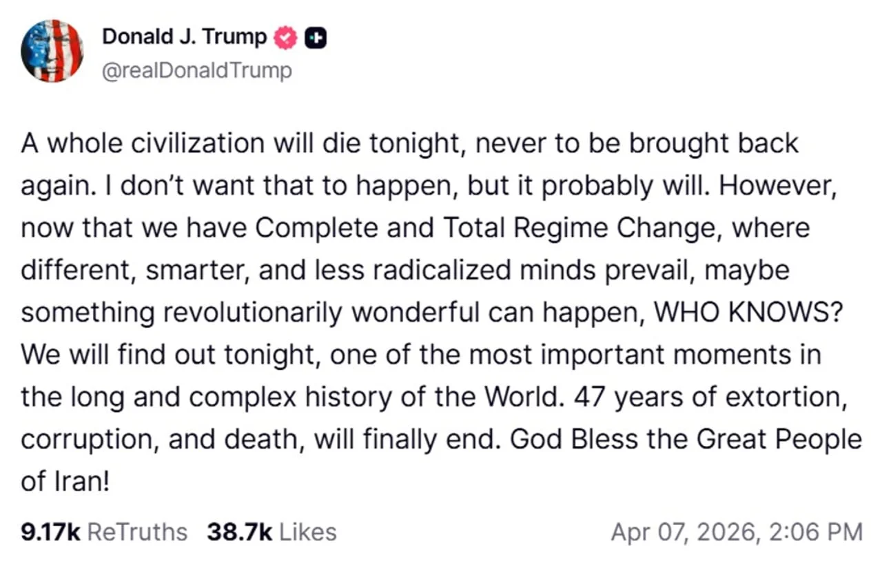 Snimka zaslona objave Donalda Trumpa na društvenoj mreži Truth Social o Iranu