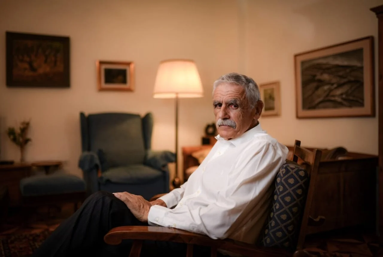 Stariji muškarac s brkovima sjedi u naslonjaču u dnevnom boravku.