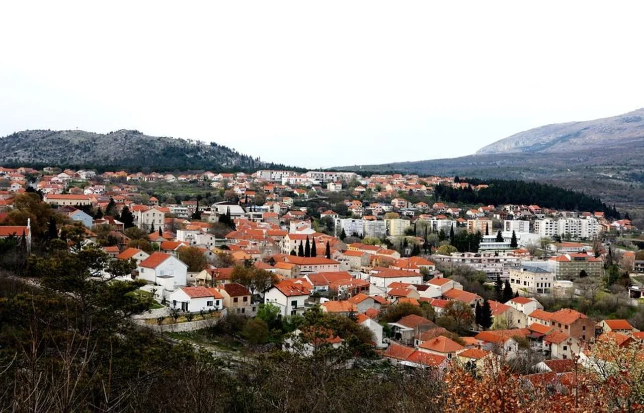 Panoramski pogled na grad Drniš s crvenim krovovima i okolnim brdima.