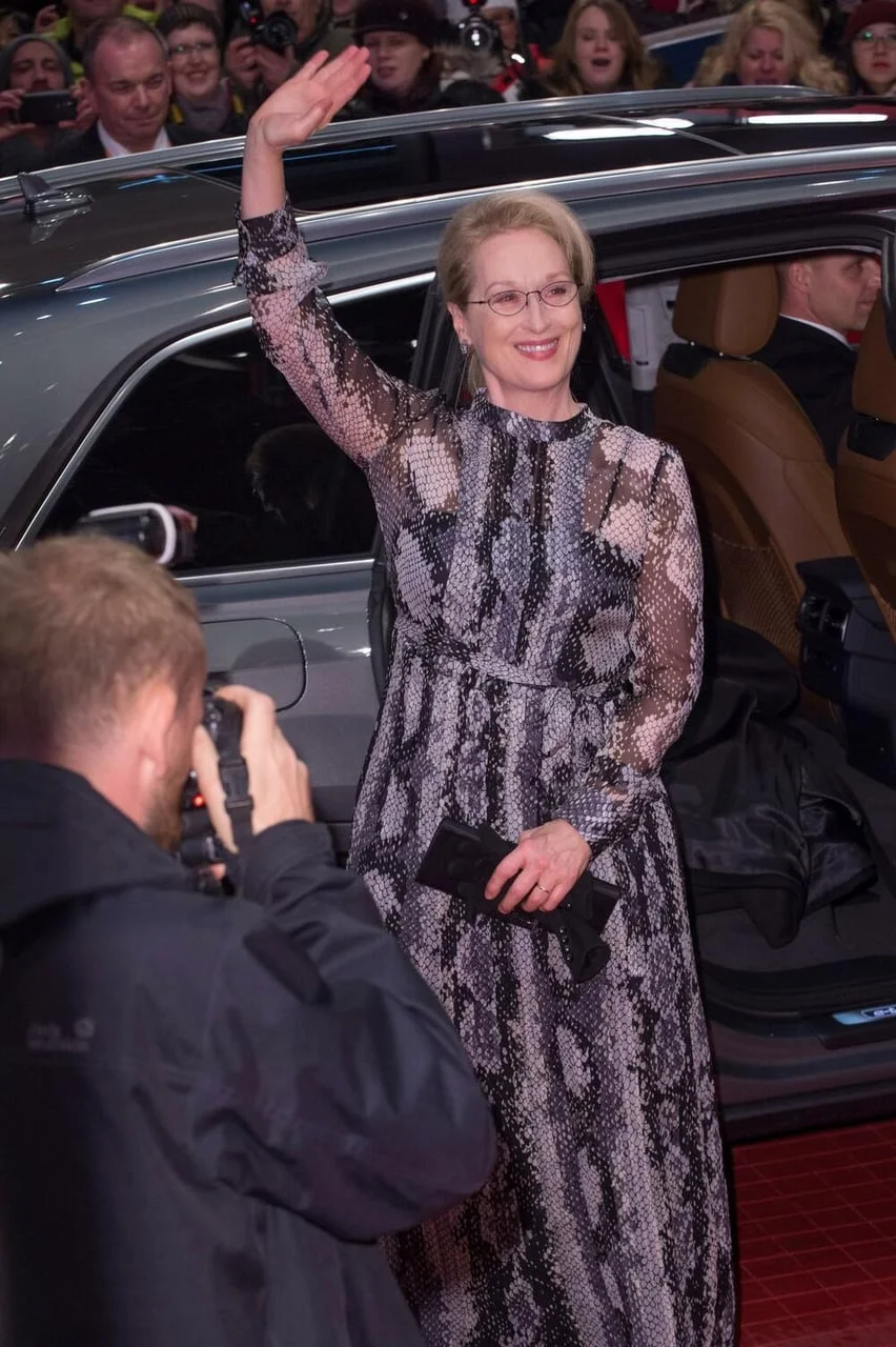 Meryl Streep maše fotografima ispred automobila u dugačkoj haljini zmijskog uzorka.