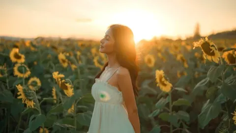 Žena stoji u polju suncokreta zatvorenih očiju dok je obasjava sunce