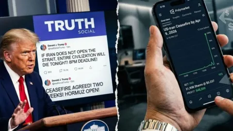 Donald Trump pored ekrana s objavama i mobitel s grafikonima klađenja.