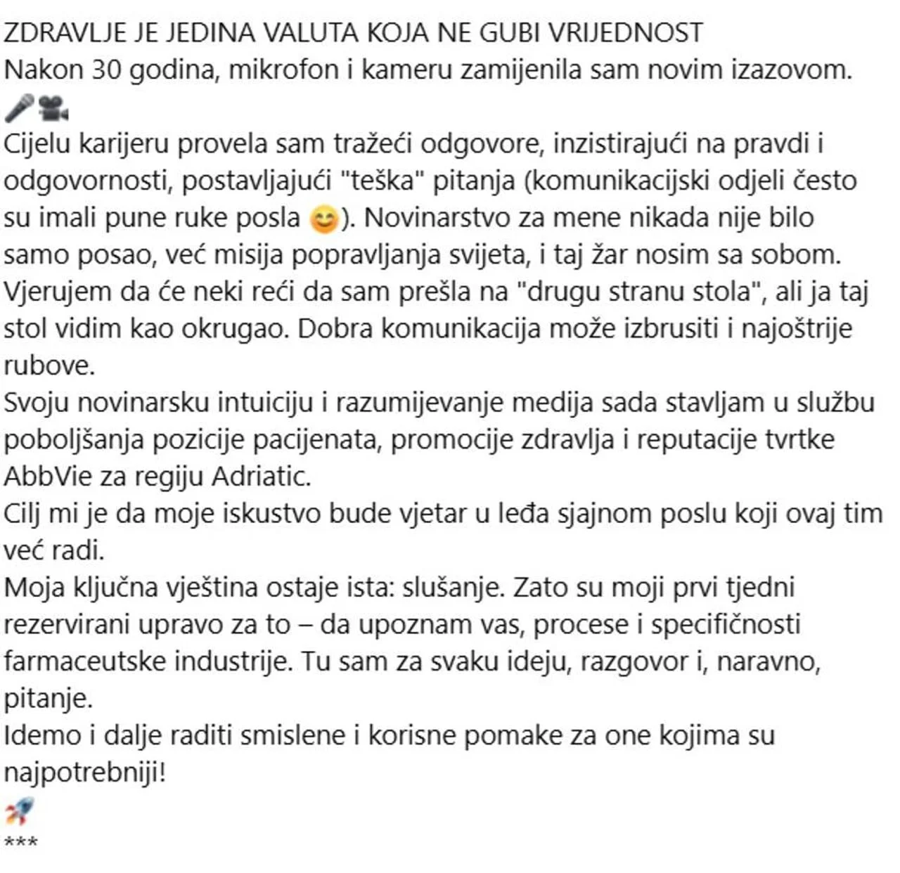 Snimka zaslona objave na društvenim mrežama s tekstom o novom karijernom putu.