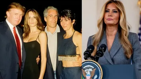 Kolaž fotografija Melanije Trump nekada i danas uz Donalda Trumpa i Jeffreyja Epsteina.