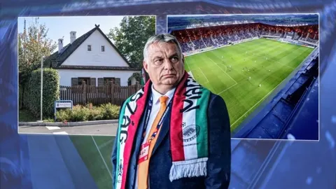 Viktor Orbán ispred kolaža s prikazom skromne kuće i modernog nogometnog stadiona