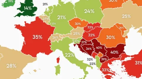 Karta Europe s postocima pušača po državama prikazana različitim bojama.