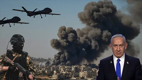 Benjamin Netanyahu ispred dima eksplozije, vojnika i bespilotnih letjelica.