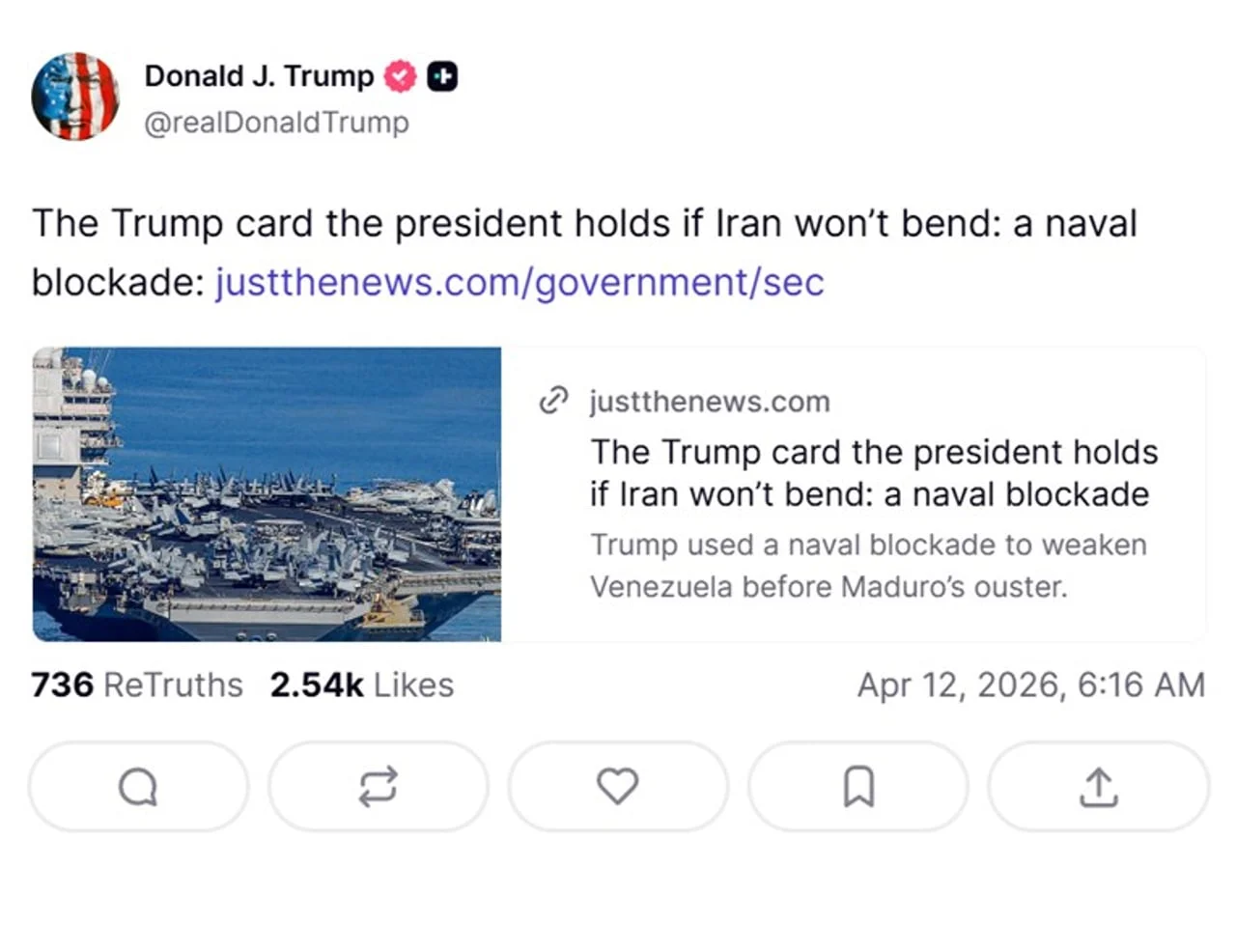 Snimka zaslona objave Donalda Trumpa na društvenoj mreži o pomorskoj blokadi