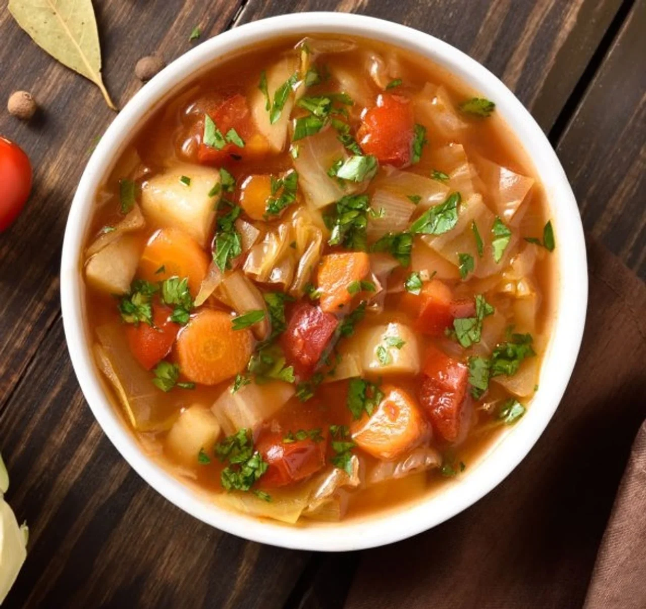 Tanjur tople juhe od povrća s mrkvom i peršinom na drvenom stolu.