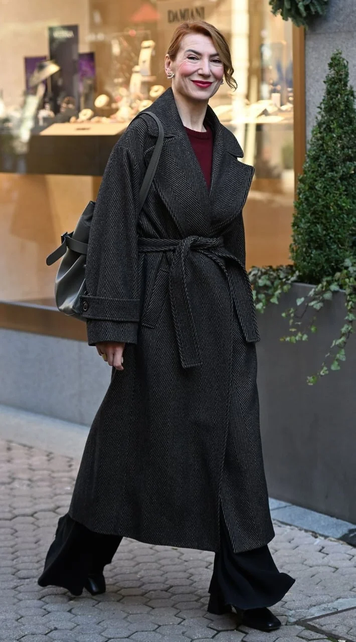 Glumica u dugom tamnom kaputu hoda gradskom ulicom