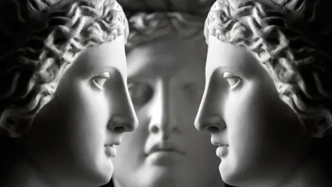 Crno-bijeli prikaz triju klasičnih skulptura lica u profilu i anfasu.