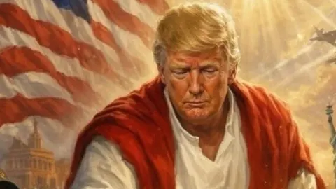 Ilustracija Donalda Trumpa u crvenom ogrtaču ispred američke zastave.