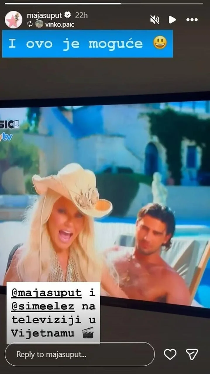Snimka ekrana Instagram objave koja prikazuje Maju Šuput i Šimu Eleza na TV-u
