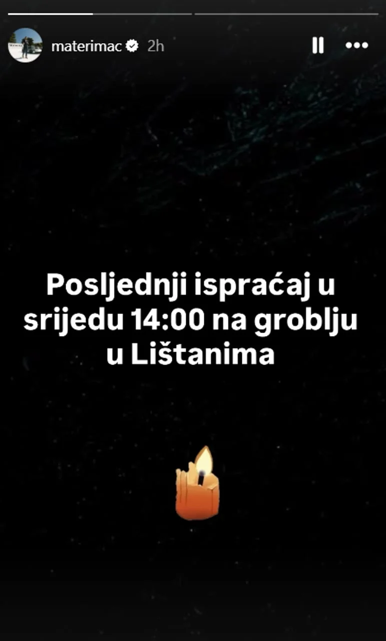Objava s Instagrama s tekstom o pogrebu i upaljenom svijećom