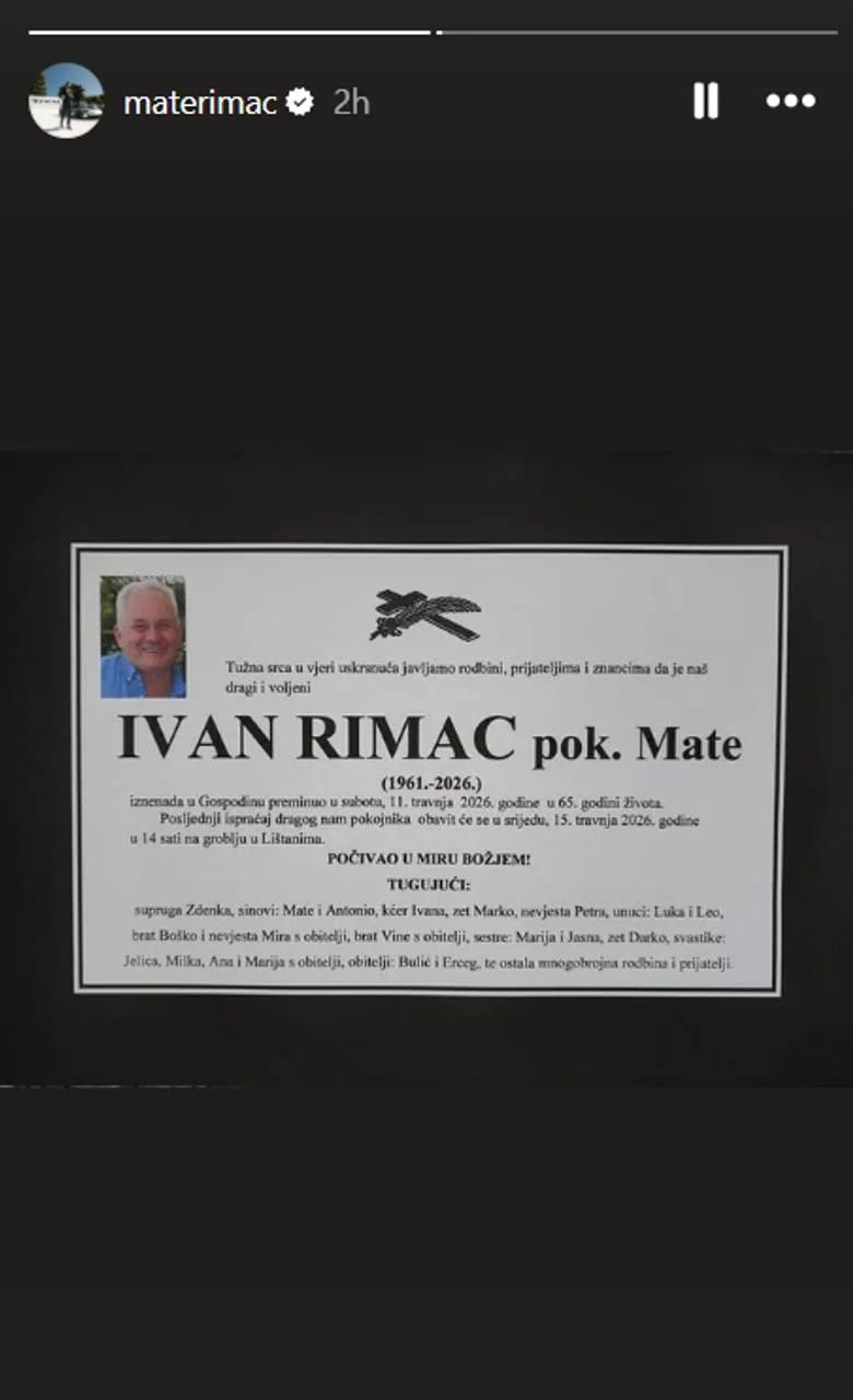 Osmrtnica Ivana Rimca s fotografijom i popisom tugujuće obitelji